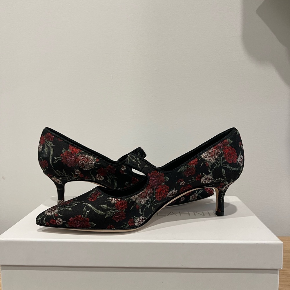 Manolo Blahnik Floral Jacquard Mary Jane Kitten Heel Pumps